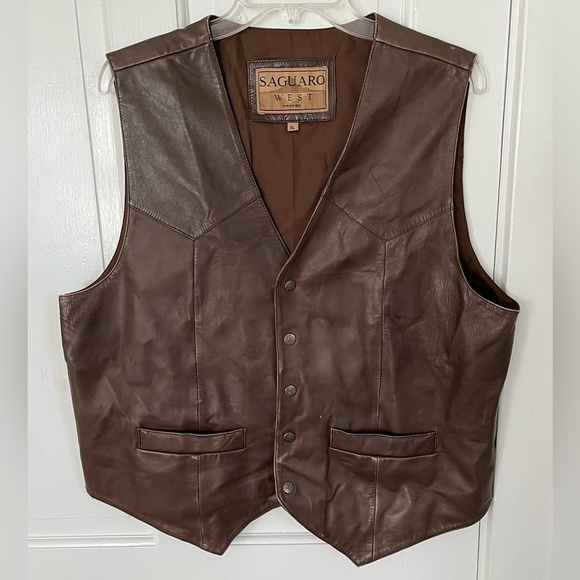 Saguaro by Roper Western Vest Men's Size L Leather Brown Snap Button Rodeo - Picture 3 of 16